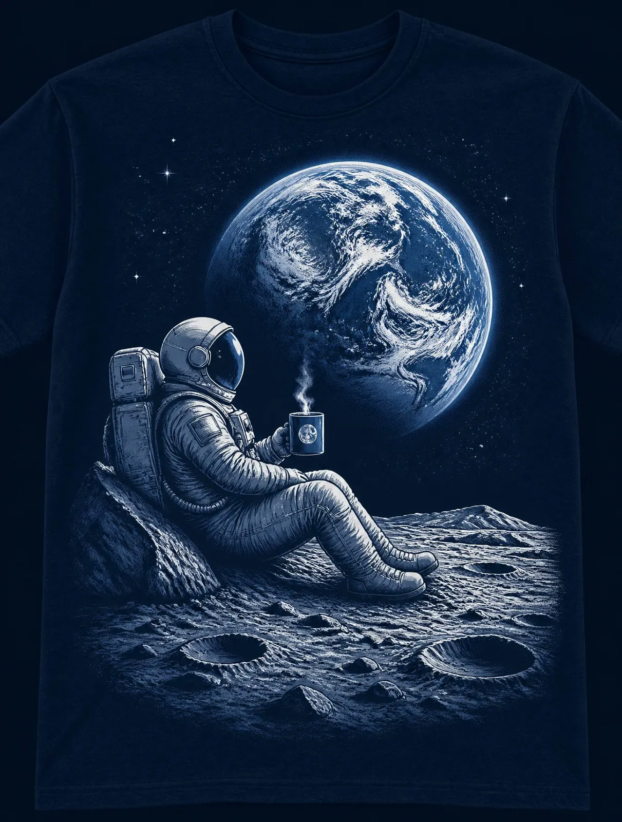 Astronaut sitting on the moon holding a steaming mug with Earth in the background.