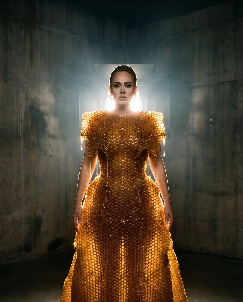 A minimalist figure in a honeycombed amber gown within a dark concrete chamber, heavily backlit.