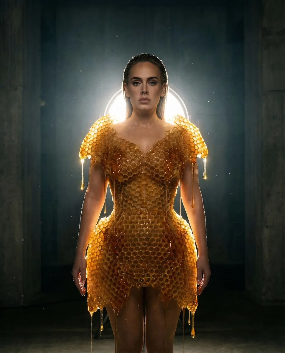 A minimalist figure in a honeycombed amber gown within a dark concrete chamber, heavily backlit. (4)