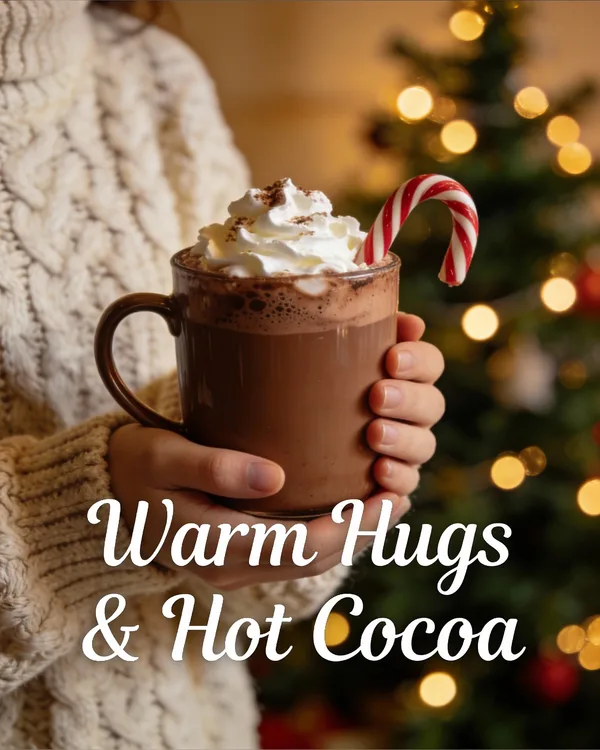 Person in a cozy sweater holding a hot chocolate mug with a blurred Christmas tree background.