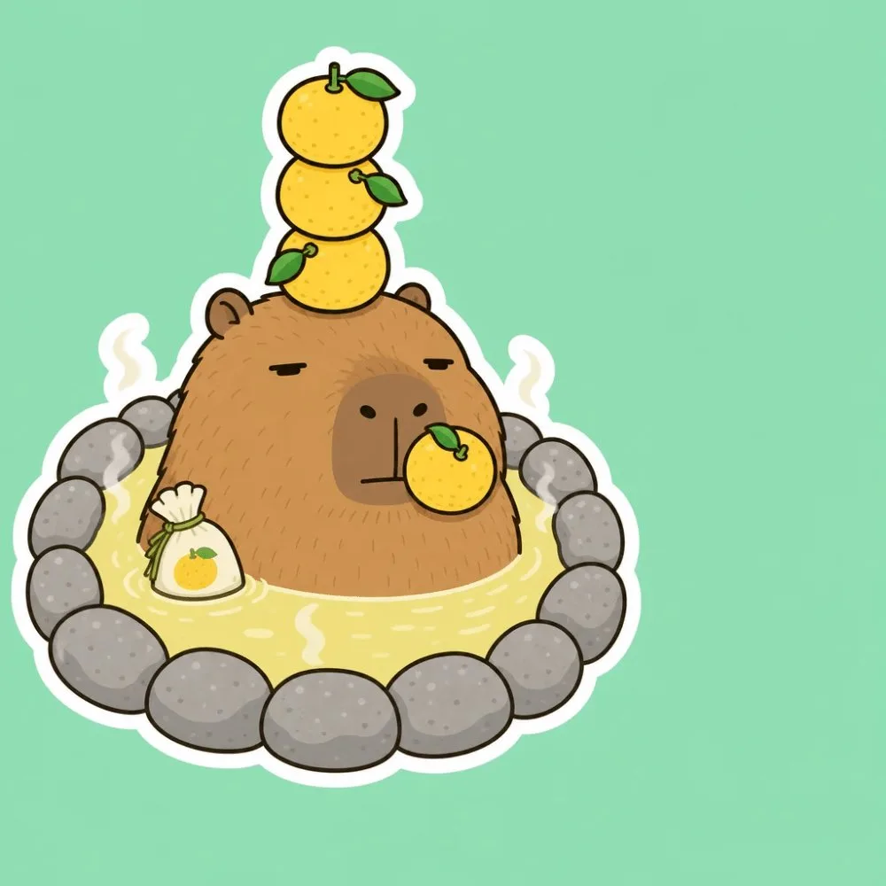 Cute vector illustration of a capybara relaxing in a yuzu hot spring sticker
