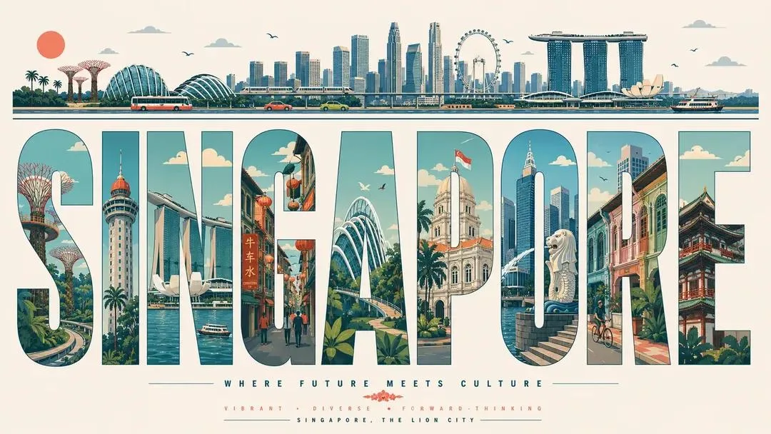 Mid-century modern travel poster with bold typography framing urban illustrations.