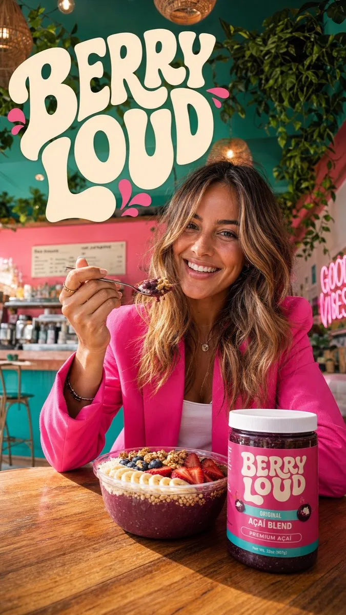 A woman eating a colorful acai bowl in a trendy cafe with Berry Loud branding.