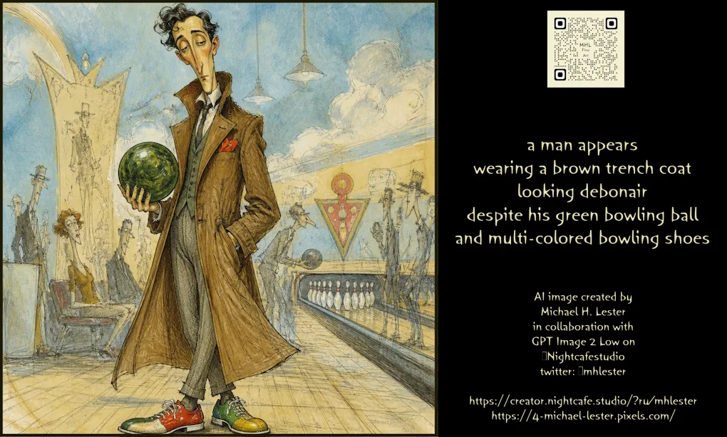 A debonair man in a brown trench coat holding a green bowling ball.