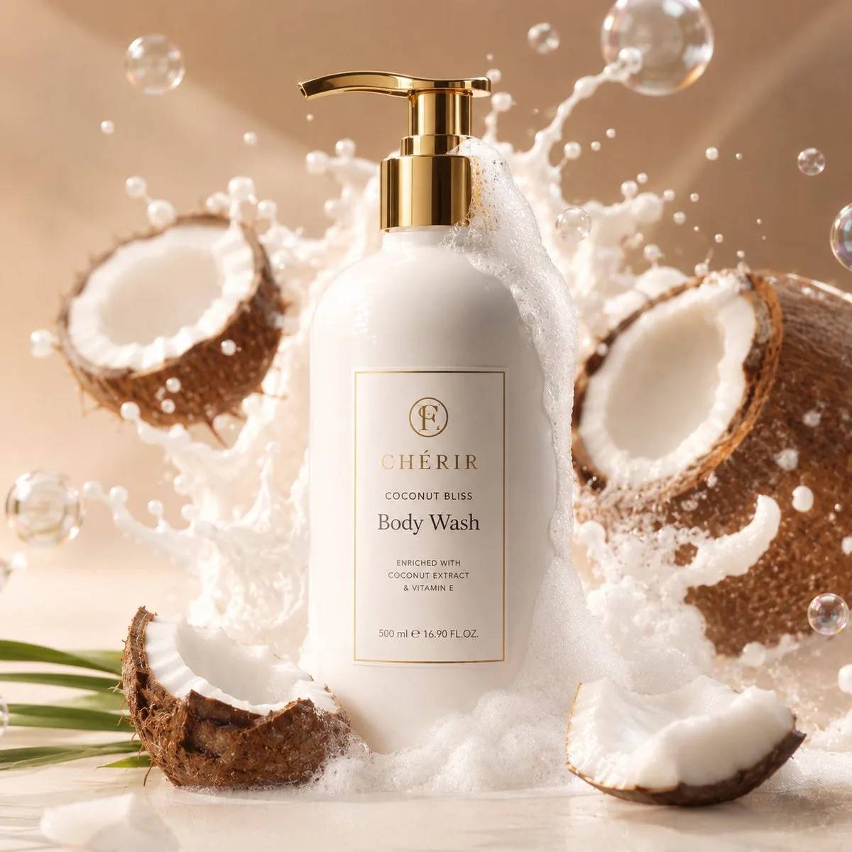 Minimalist white skincare bottle with coconut milk splash and golden pump in a luxury spa setting.
