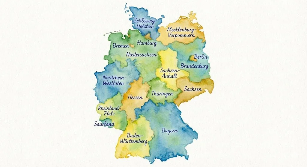 Watercolor map of Germany with federal states labeled in blue ballpoint pen.