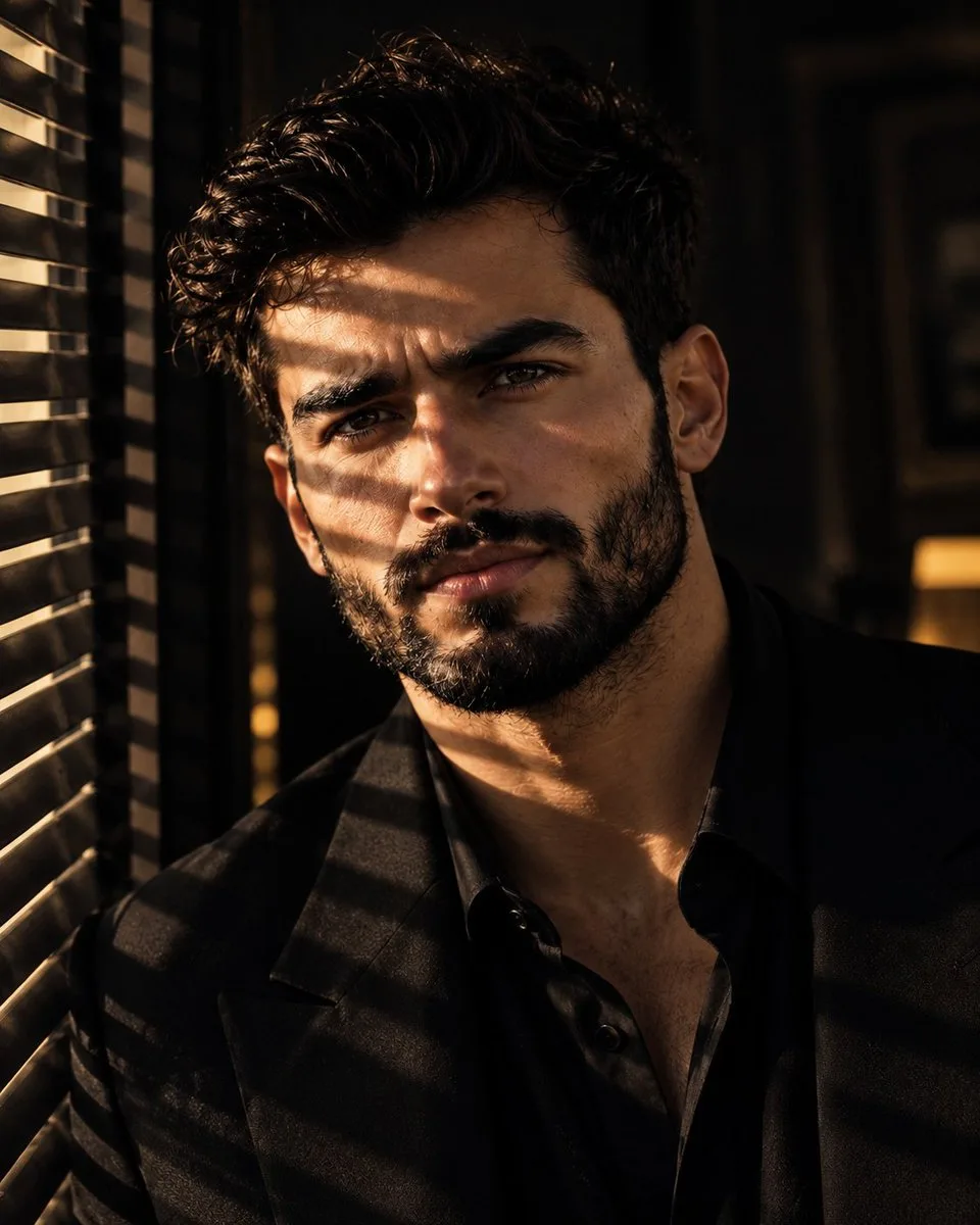 A handsome man in a suit with dramatic shadow patterns across his face.