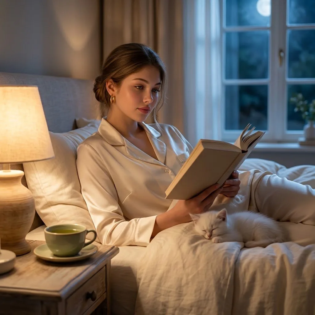 Woman reading a book in bed with a sleeping cat in a cozy, dimly lit bedroom.