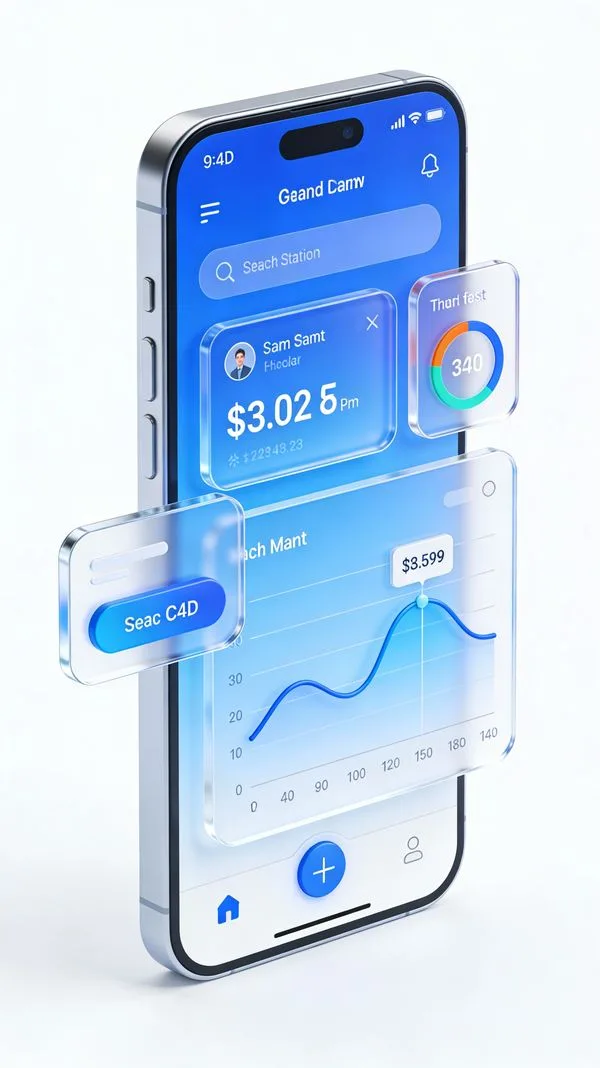 Financial wealth management mobile app UI with 3D charts and blue gradient.