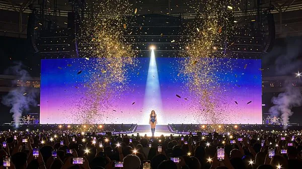 Female singer performing on a brightly lit stadium stage with falling confetti and a glowing audience.