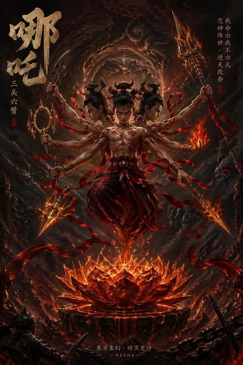 Dark fantasy illustration of Nezha with three heads and six arms on a fire lotus throne.