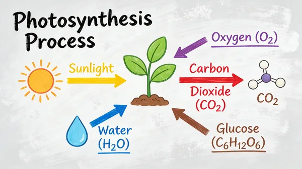 Hand-drawn whiteboard diagram explaining the biological process of photosynthesis with labels and icons.