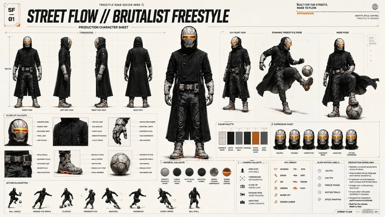 Futuristic brutalist soccer character turnaround sheet with helmet, tactical gear, and glowing orange accents.