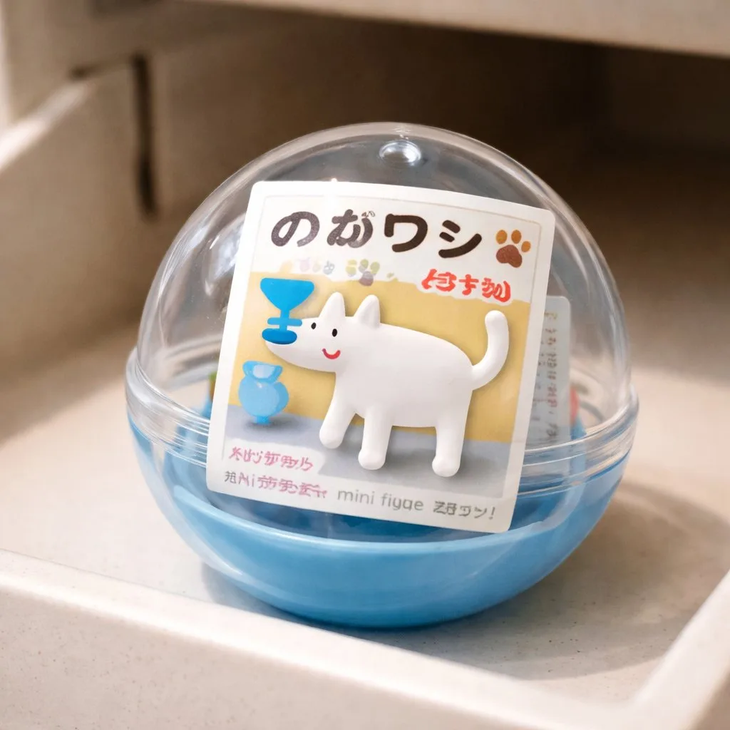 A miniature toy inside a clear plastic gachapon capsule with a Japanese paper insert.