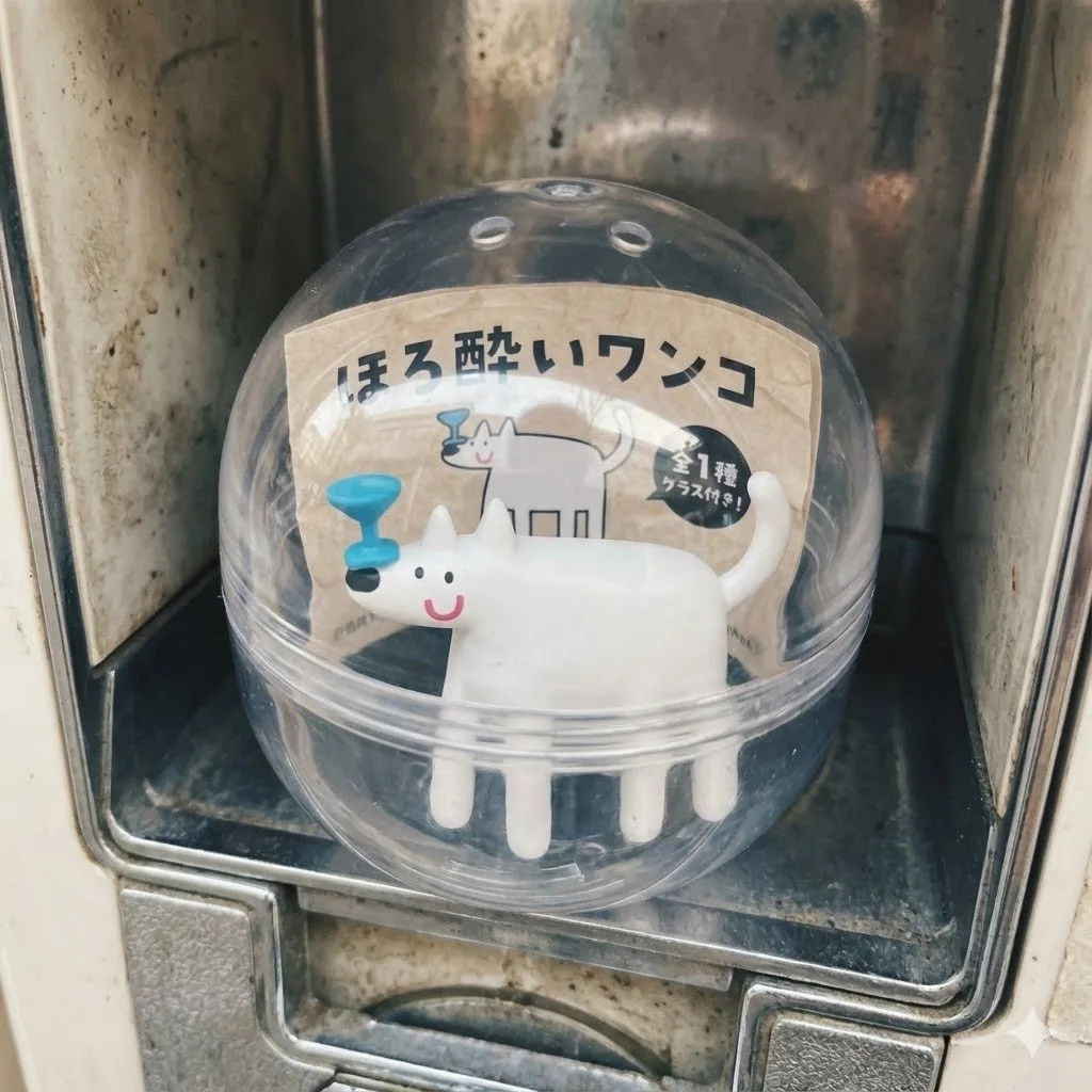 A miniature toy inside a clear plastic gachapon capsule with a Japanese paper insert. (2)