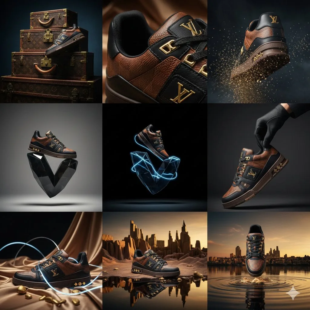 Luxury leather sneaker editorial featuring gold accents and avant-garde artistic photography.