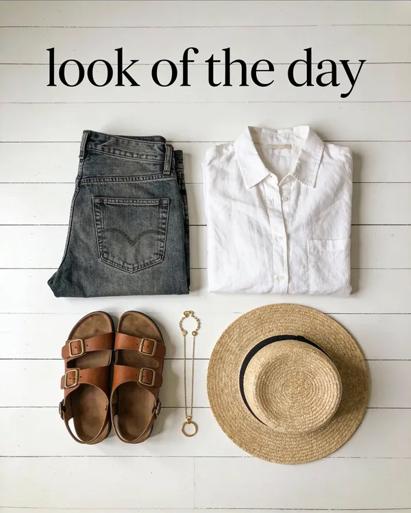 Minimalist flat-lay of a summer outfit with linen shirt, jeans, and straw hat.