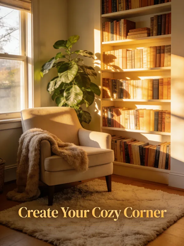 A cozy sunlit reading nook with an armchair, bookshelf, and plant.