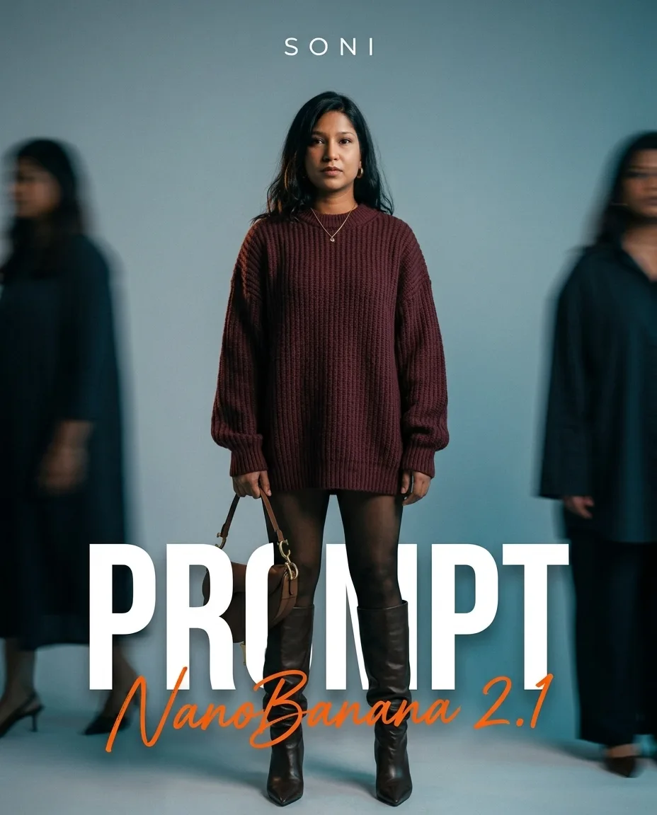 A person in a navy skirt posing for a fashion editorial poster with cinematic motion blur.