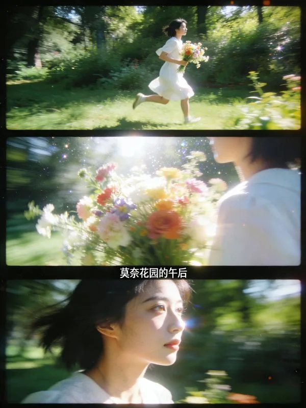 A three-panel film grid portrait of a woman in a white dress running through a sunlit green garden.
