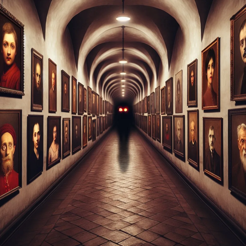 A dark hallway with antique portraits and a shadowy creature with glowing red eyes.