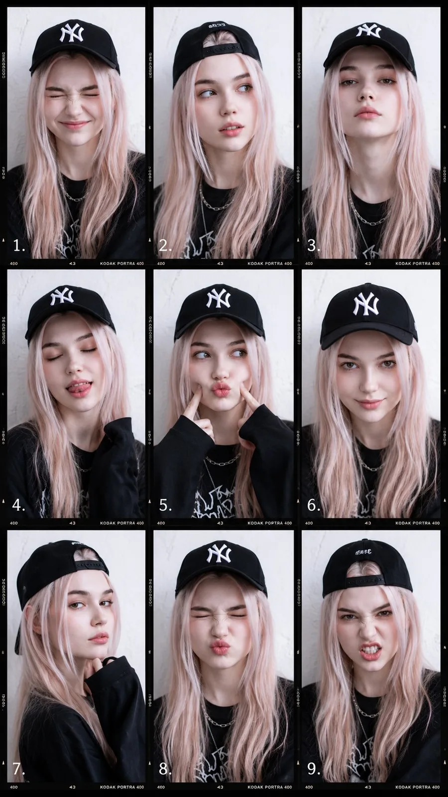 Nine-frame fashion portrait collage of a stylish young woman in sporty streetwear.