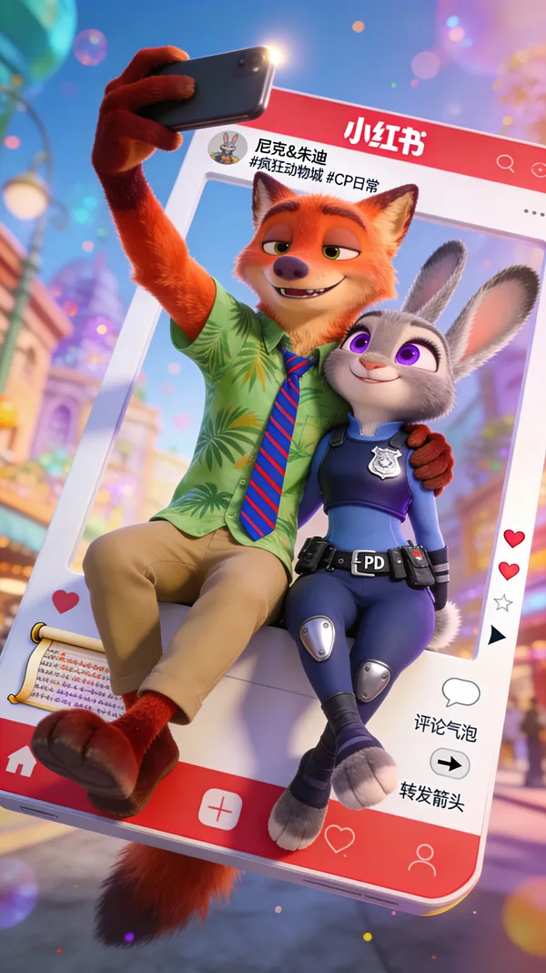 Nick Wilde and Judy Hopps taking a selfie in a 3D Pixar animation style.