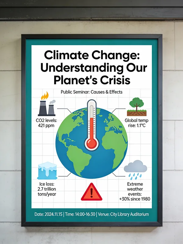 Climate change infographic poster showing Earth with a thermometer and environmental data icons.