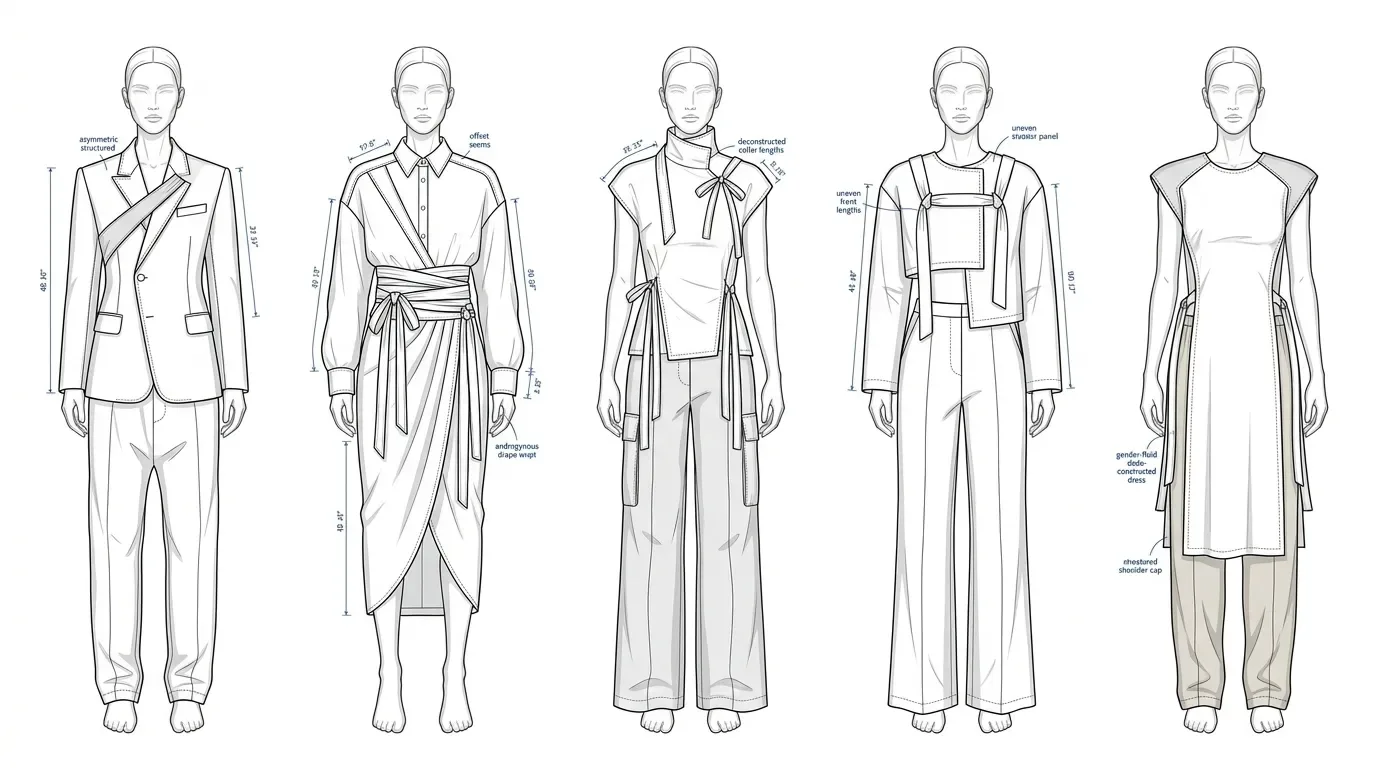 Five gender-neutral models in deconstructed fashion designs, technical line art style.