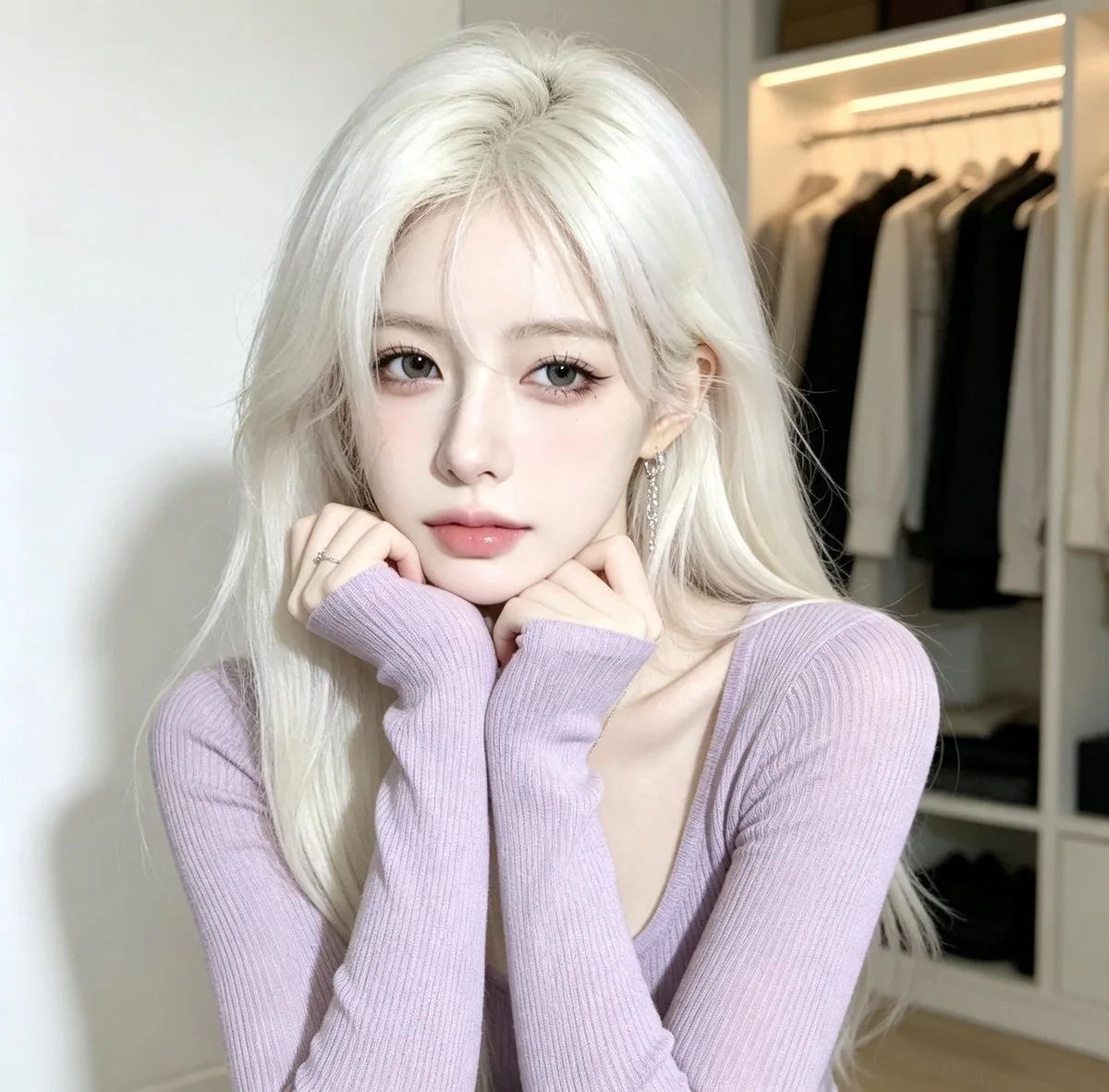 Portrait of an East Asian woman with platinum blonde hair in a lavender sweater.