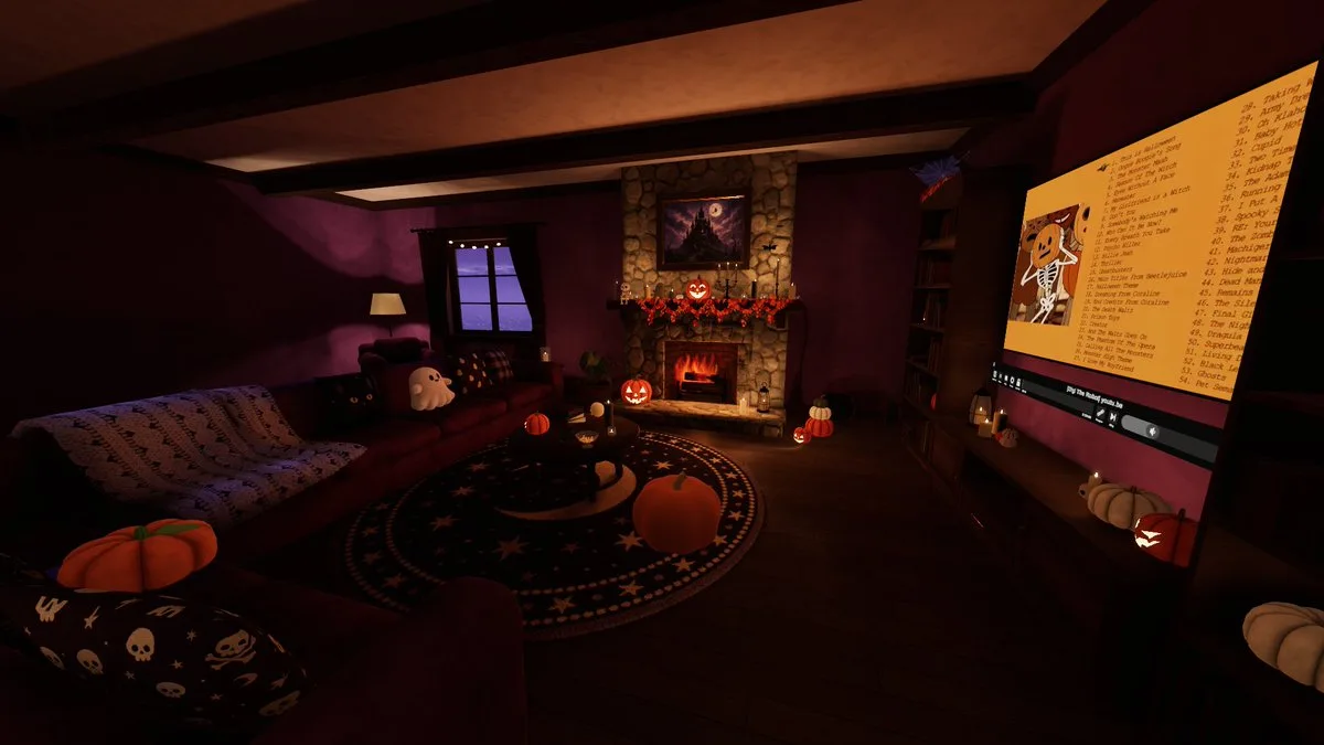 Cozy living room decorated for a purple-themed Halloween party with a glowing fireplace and dancing skeleton projection.