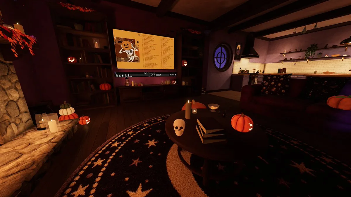 Cozy living room decorated for a purple-themed Halloween party with a glowing fireplace and dancing skeleton projection. (2)