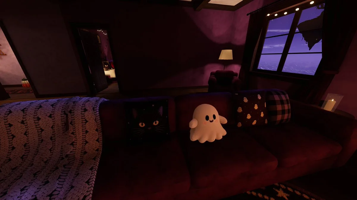 Cozy living room decorated for a purple-themed Halloween party with a glowing fireplace and dancing skeleton projection. (3)