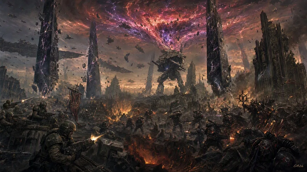 Cadian troops battling Chaos Space Marines as a planet shatters under a torn sky.