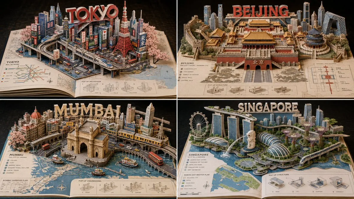 Miniature pop up book diorama of Asian cities made from paper and cardstock.