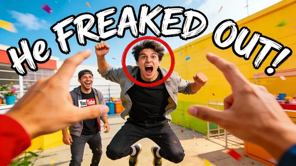 A person reacting in surprise to a prank with a red circle around their face.