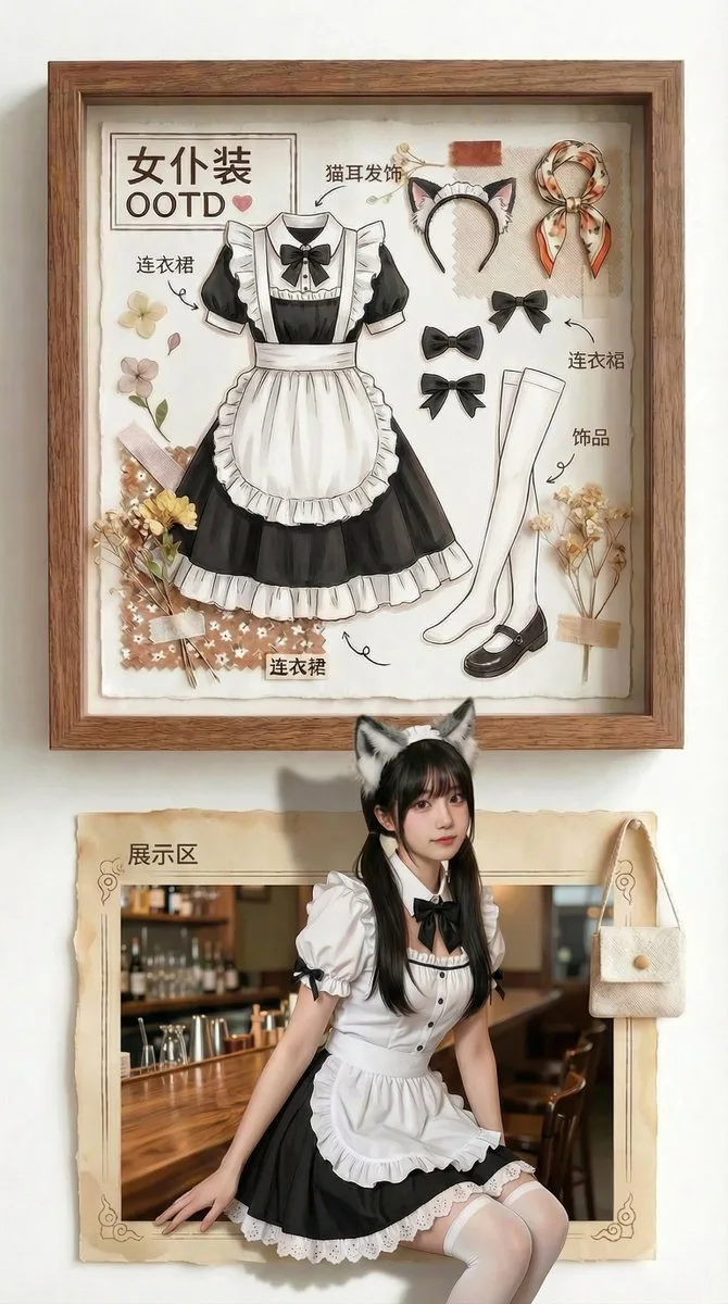 A split-screen image showing a black satin dress in a frame above a model wearing it below.