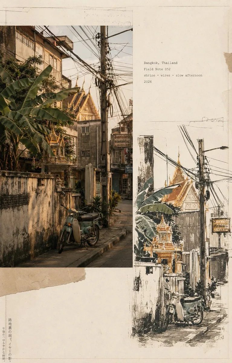 Vintage travel journal editorial collage featuring Bangkok, Lisbon, Marrakech, and Istanbul.