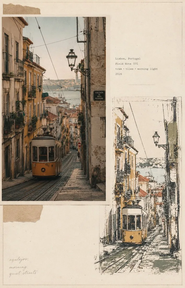 Vintage travel journal editorial collage featuring Bangkok, Lisbon, Marrakech, and Istanbul. (2)