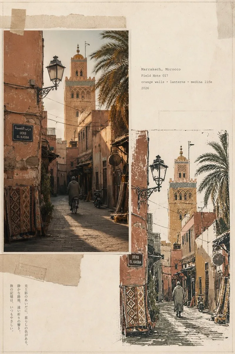 Vintage travel journal editorial collage featuring Bangkok, Lisbon, Marrakech, and Istanbul. (3)