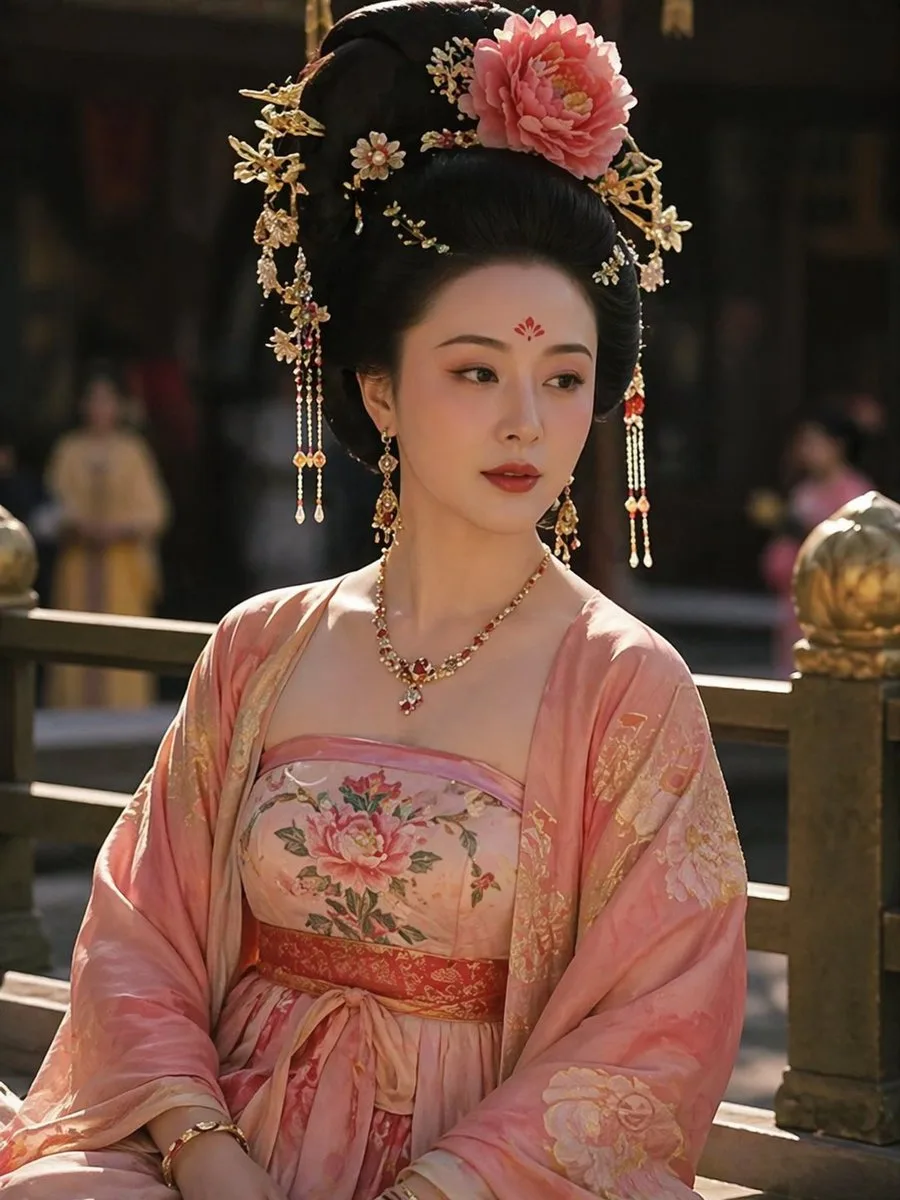 Realistic portrait of Yang Guifei in traditional Tang dynasty imperial attire