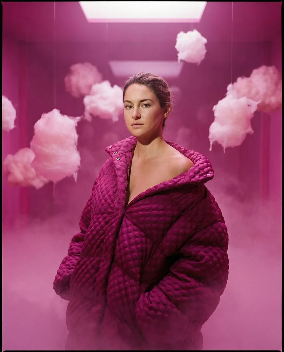 A model in a magenta puffer coat surrounded by floating clouds in a pink surrealist room.
