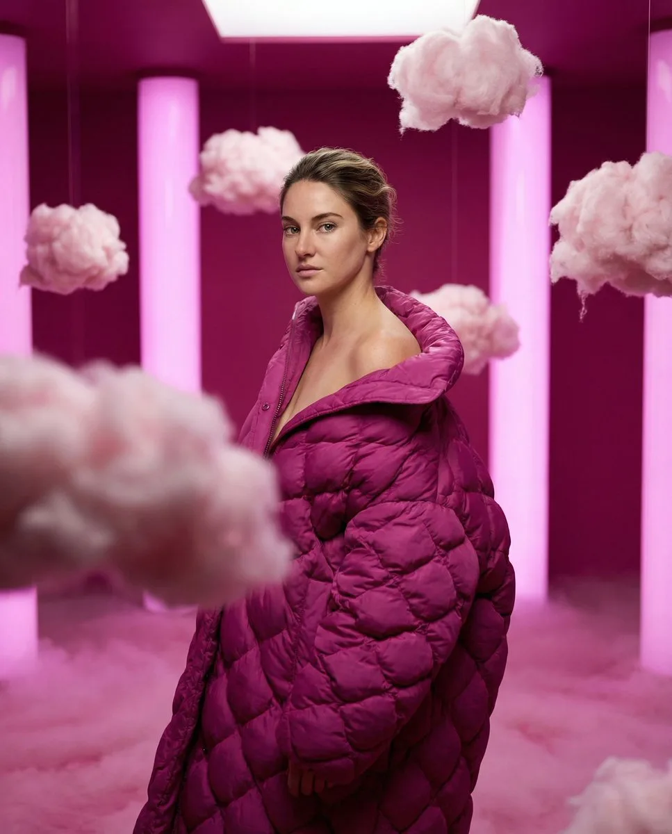 A model in a magenta puffer coat surrounded by floating clouds in a pink surrealist room. (2)