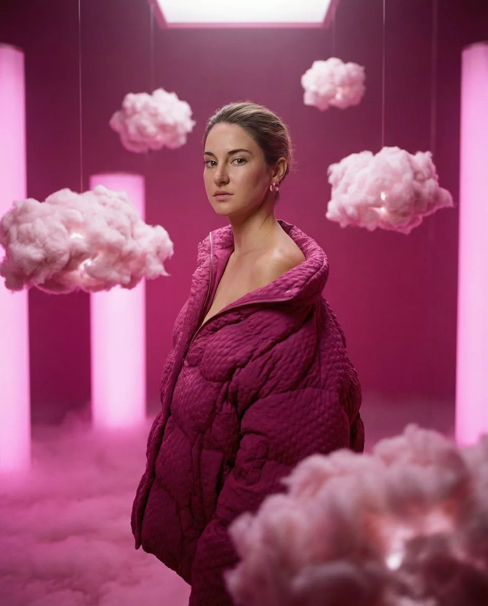 A model in a magenta puffer coat surrounded by floating clouds in a pink surrealist room. (3)
