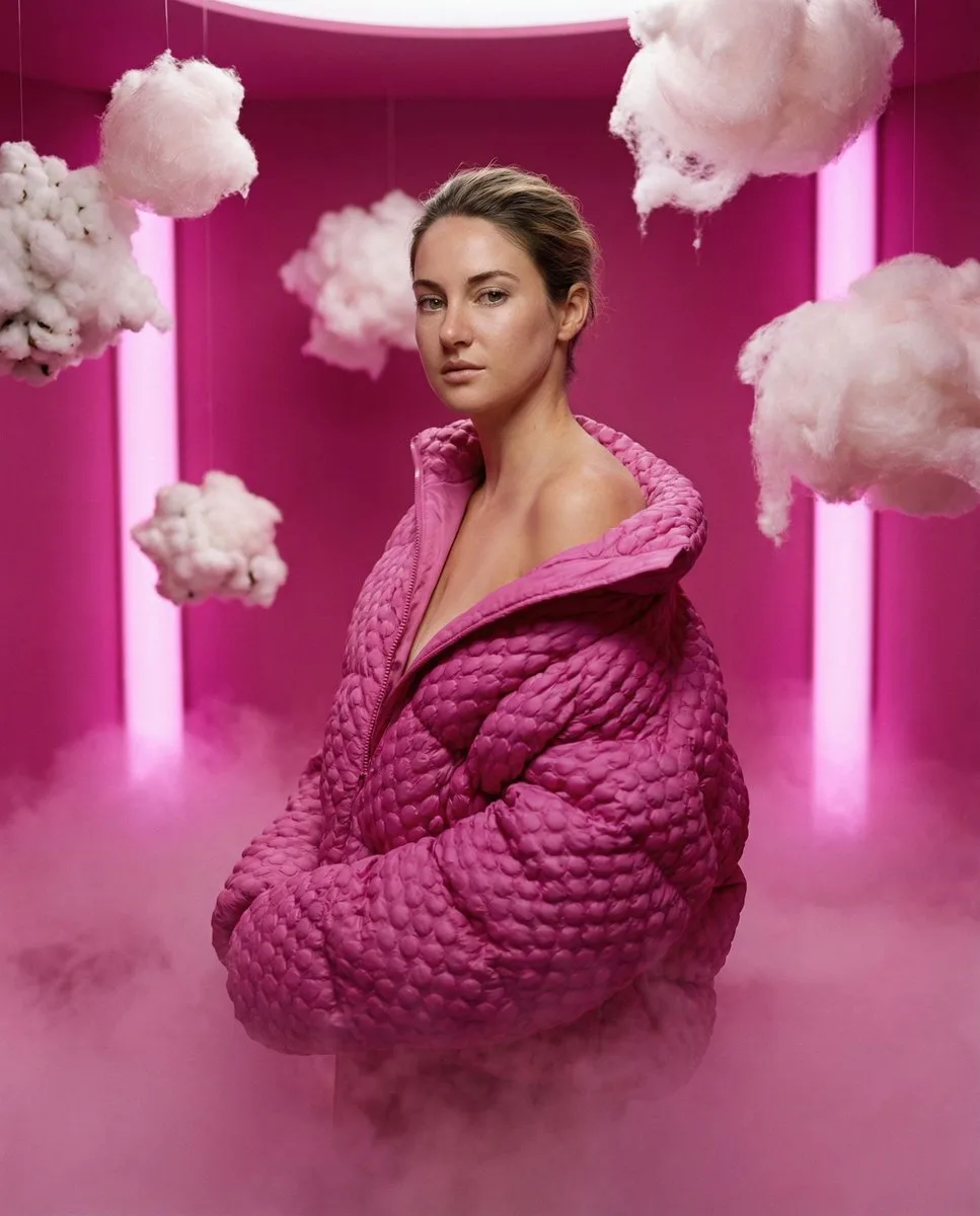 A model in a magenta puffer coat surrounded by floating clouds in a pink surrealist room. (4)