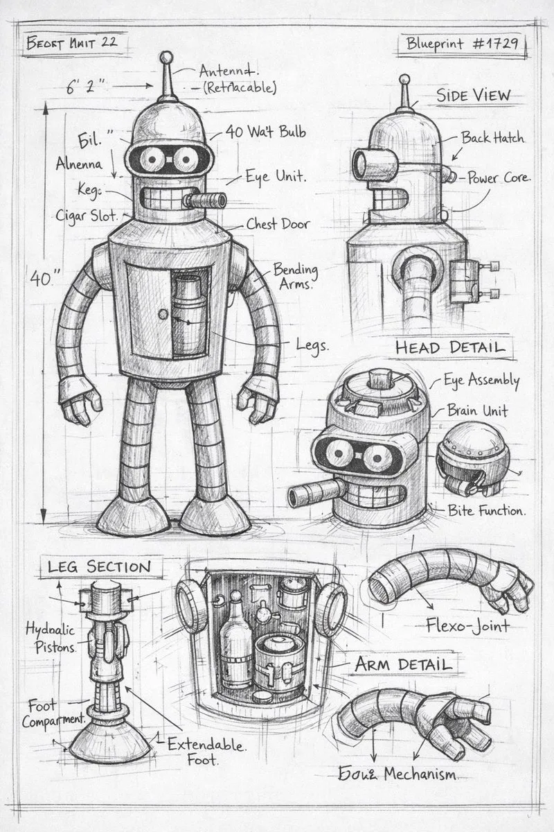 A detailed technical pencil sketch of a robot character on paper.