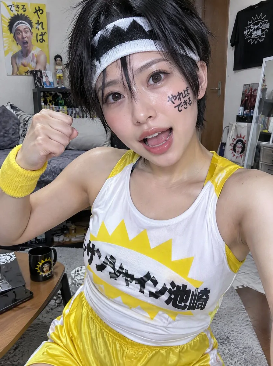 A Japanese female cosplayer with short black hair in her apartment. (2)