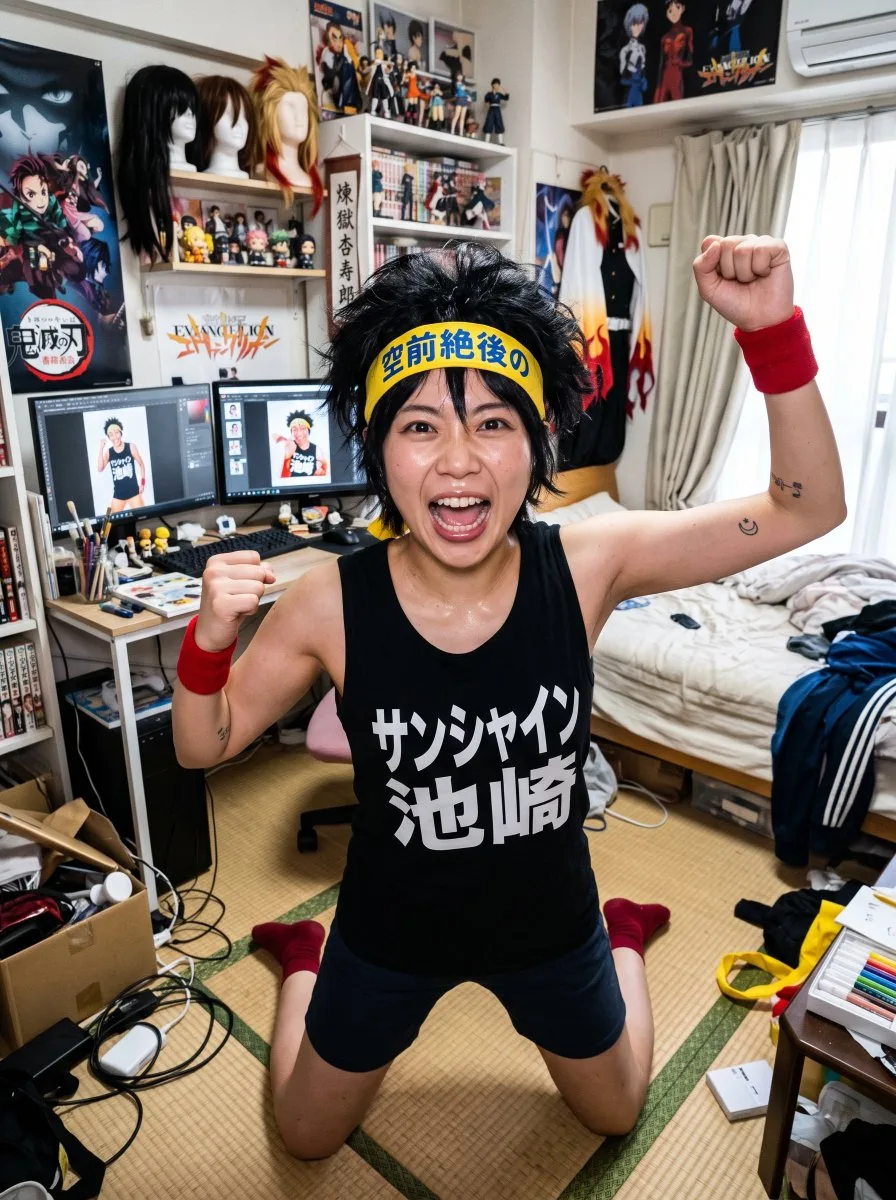 A Japanese female cosplayer with short black hair in her apartment. (4)