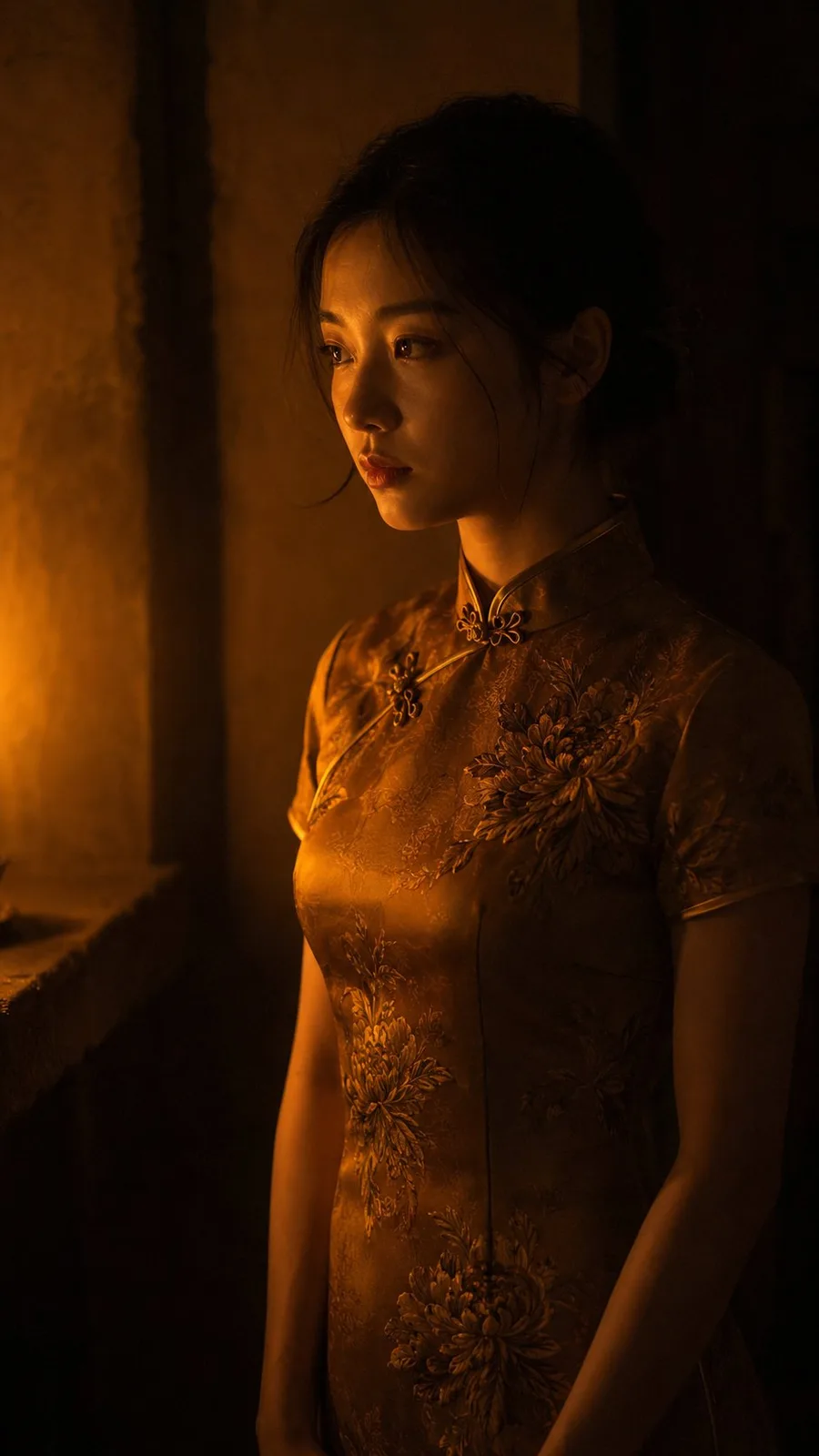 A young Asian woman in an amber qipao lit by a single candle.