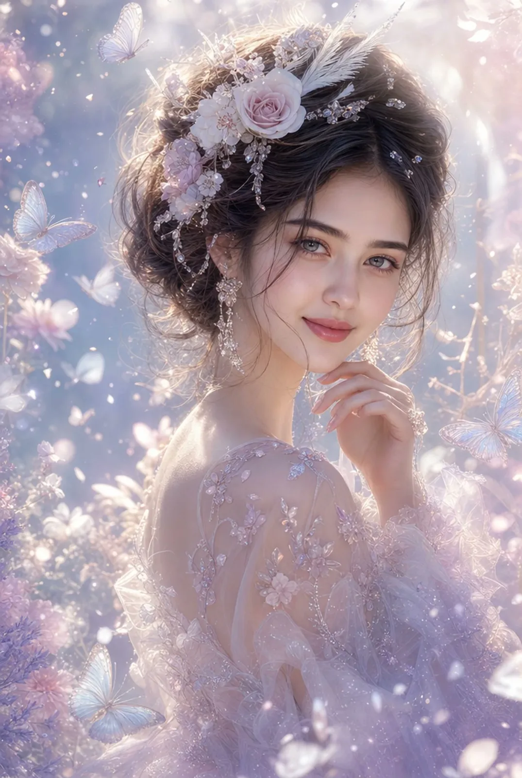 Ethereal woman with floral accessories and butterflies in a dreamy fantasy garden.